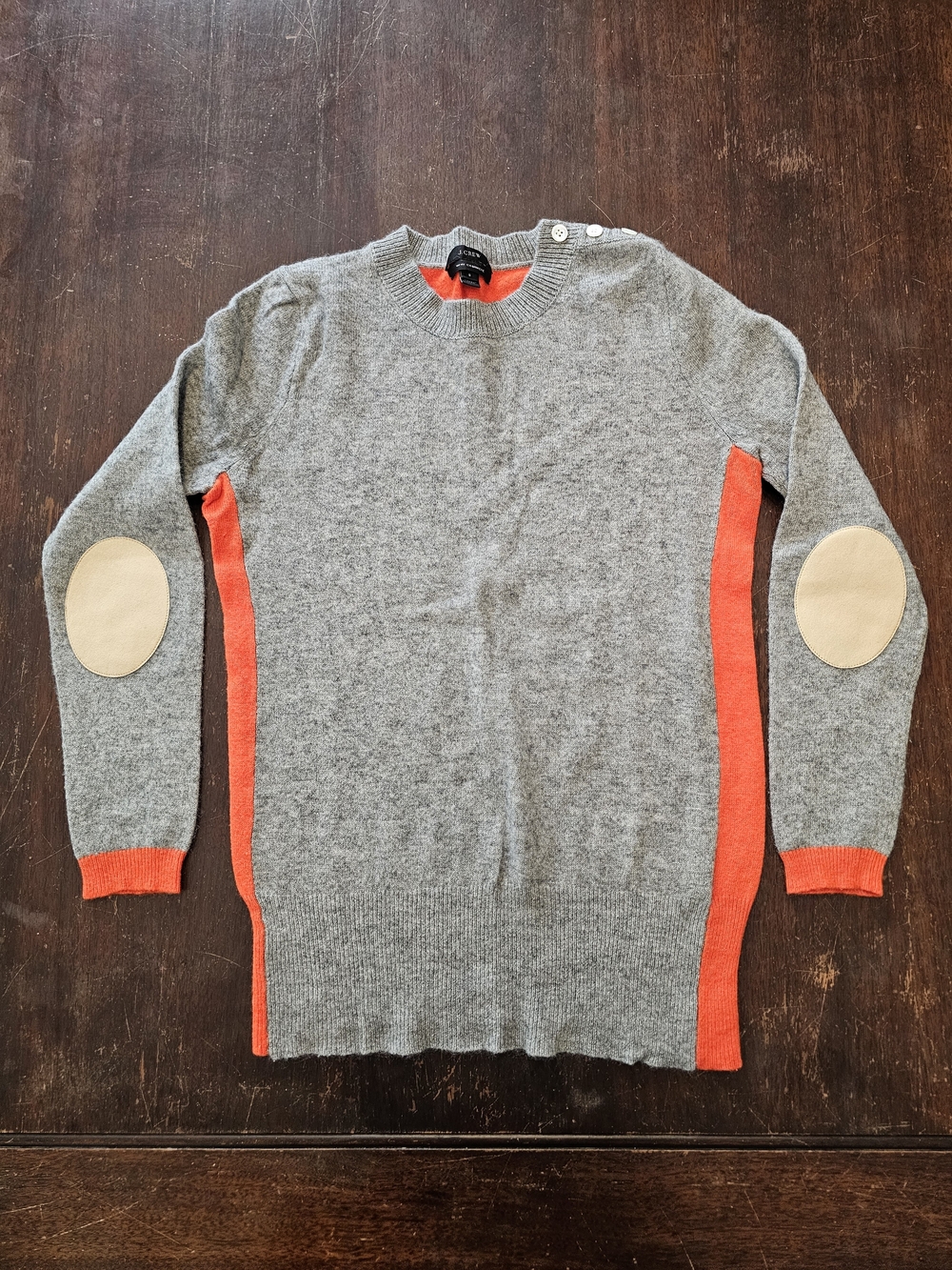 J. Crew Women's Gray and Orange Sweater with Elbow Patches - Size Small